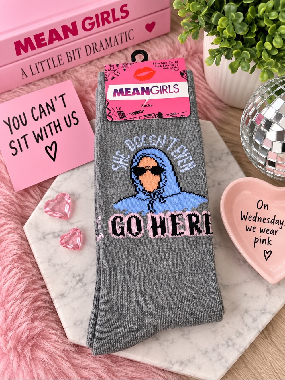 NEW WITH TAGS Mean Girls Socks โ Gray โShe Doesnโt Even Go Hereโ ๐ฉท๐งฆ